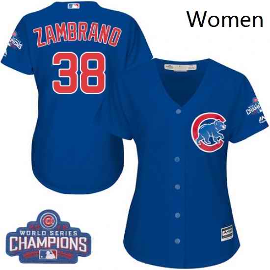 Womens Majestic Chicago Cubs 38 Carlos Zambrano Authentic Royal Blue Alternate 2016 World Series Champions Cool Base MLB Jersey